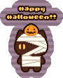 A cute, cartoon cat dressed as a mummy with a jack-o-lantern on its head. 
              There is a purple striped background. Text above it reads 'Happy Halloween!!'