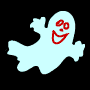 A 2-d cartoon ghost with a silly smile.