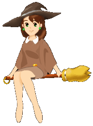 A cute, anime witch sitting on a broom and smiling.