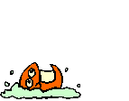 a smiling orange fish jumping out of the water and diving back in