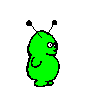 a round, green, smiling humanoid with antennae bouncing around