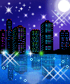 A pixel scene of a city at night