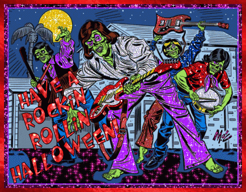 a glittery image with zombies in a rockband wearing 1970's clothes. Text says
        'Have a rockin rollin Halloween!'